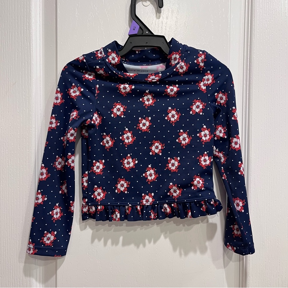 Janie and Jack Blue Red White Polka Dot Floral Swim Shirt Rashguard Sun shirt 2t